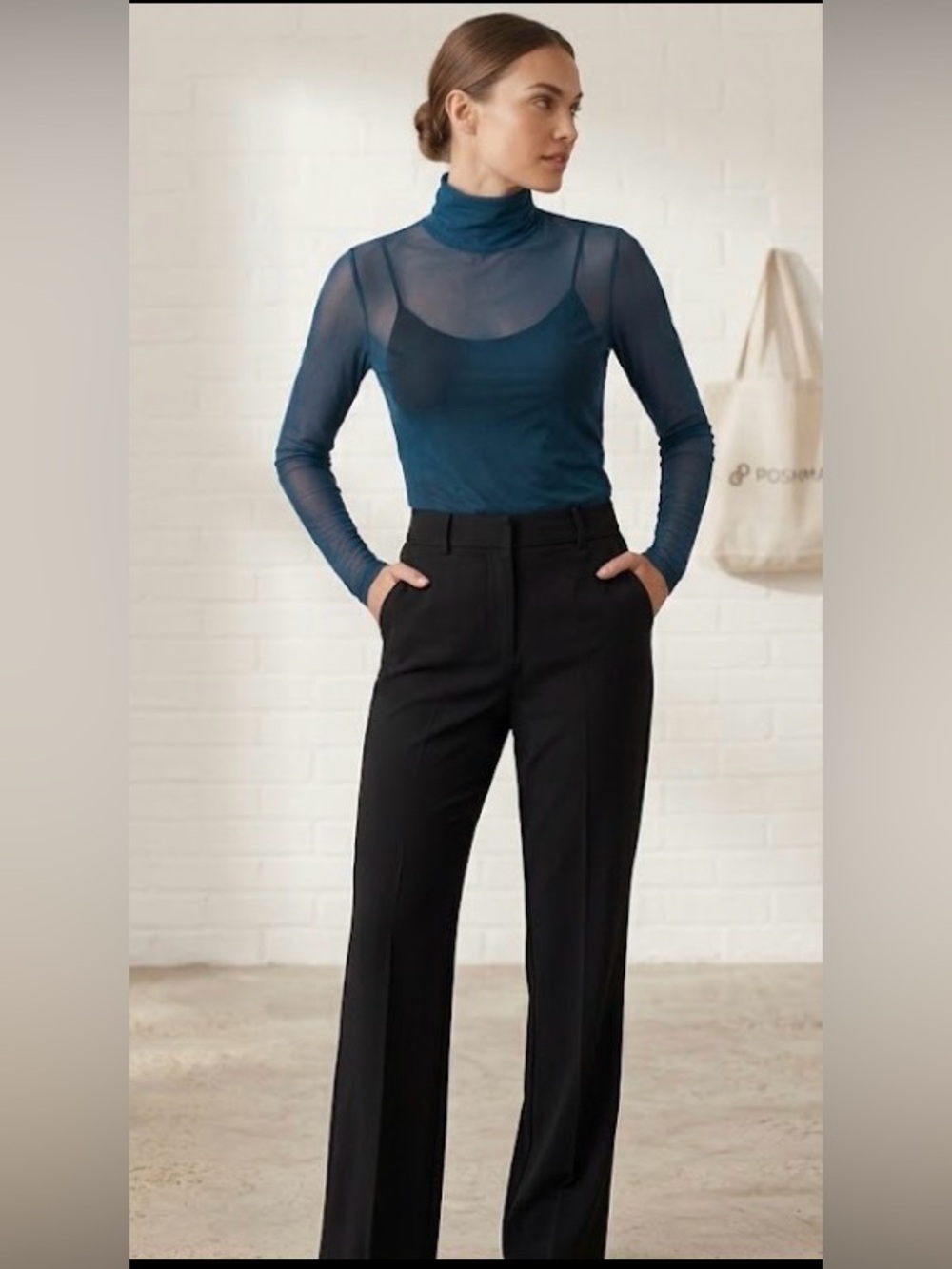 Mesh Mock Neck Long Sleeve Top in Teal